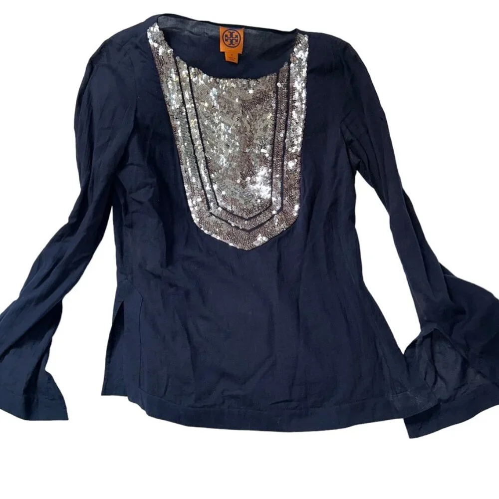 tory burch navy blue silver tightly woven sequins tunic top ORIGINAL 6